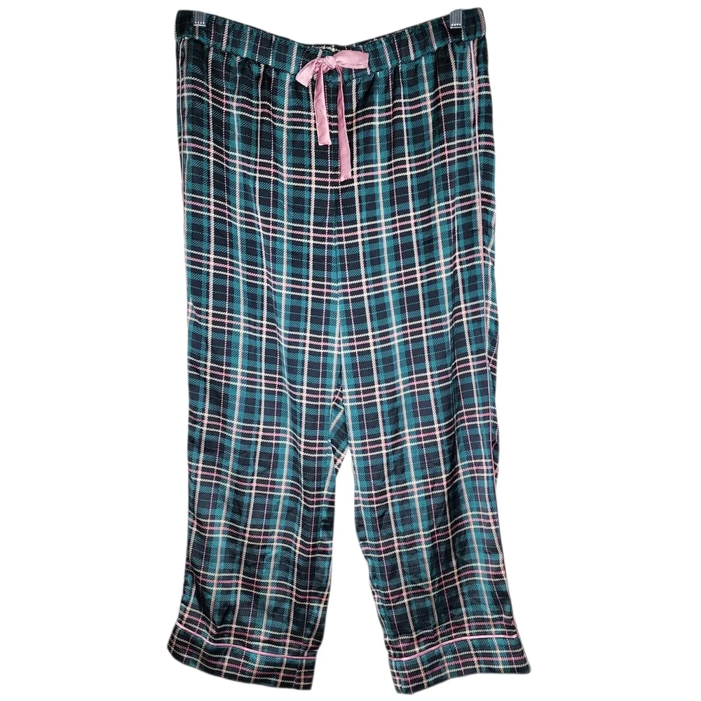 Ann Taylor‎ Sleep ~ Green & Pink Plaid Satin Pajama Set Size Large